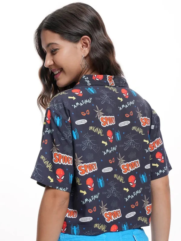 Suburbans  Women Navy Blue Spiderman Printed Boxy Fit Crop Casual Shirt