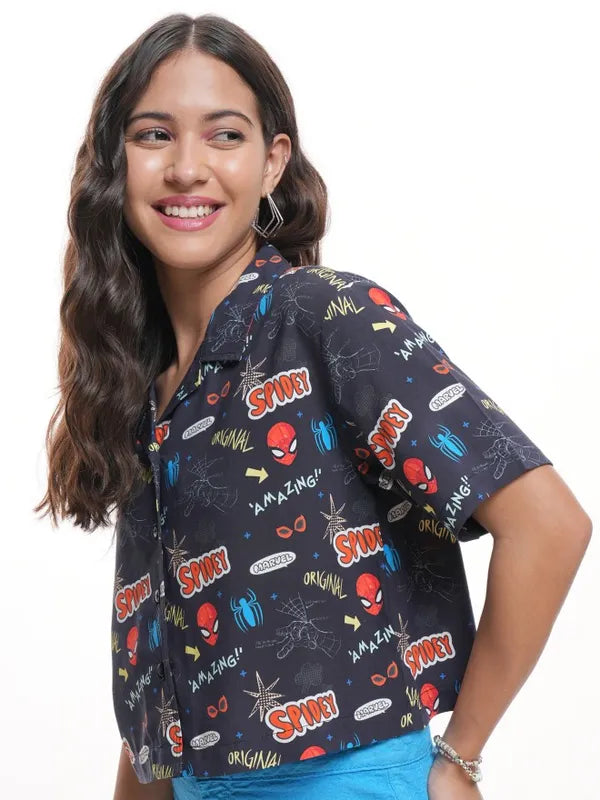 Suburbans  Women Navy Blue Spiderman Printed Boxy Fit Crop Casual Shirt