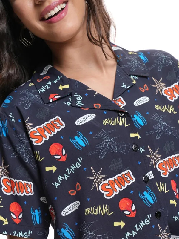 Suburbans  Women Navy Blue Spiderman Printed Boxy Fit Crop Casual Shirt