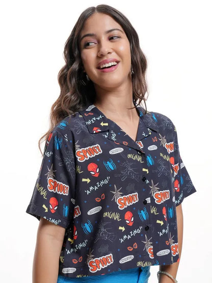 Suburbans  Women Navy Blue Spiderman Printed Boxy Fit Crop Casual Shirt