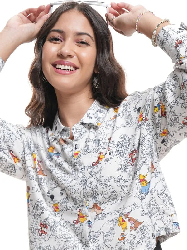 Suburbans  Women White Winnie The Pooh Printed Crop Casual Shirt