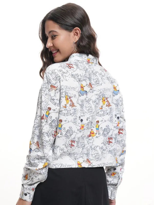 Suburbans  Women White Winnie The Pooh Printed Crop Casual Shirt