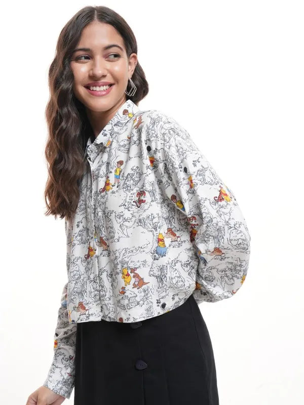 Suburbans  Women White Winnie The Pooh Printed Crop Casual Shirt