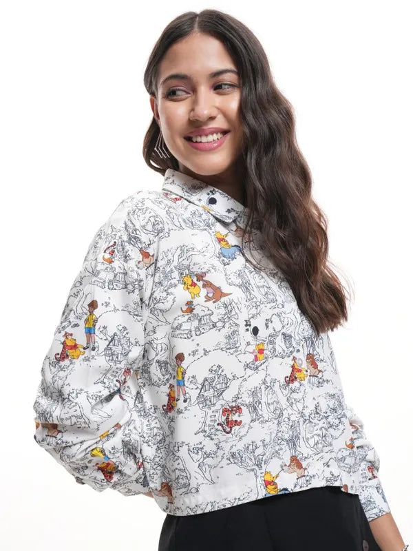 Suburbans  Women White Winnie The Pooh Printed Crop Casual Shirt