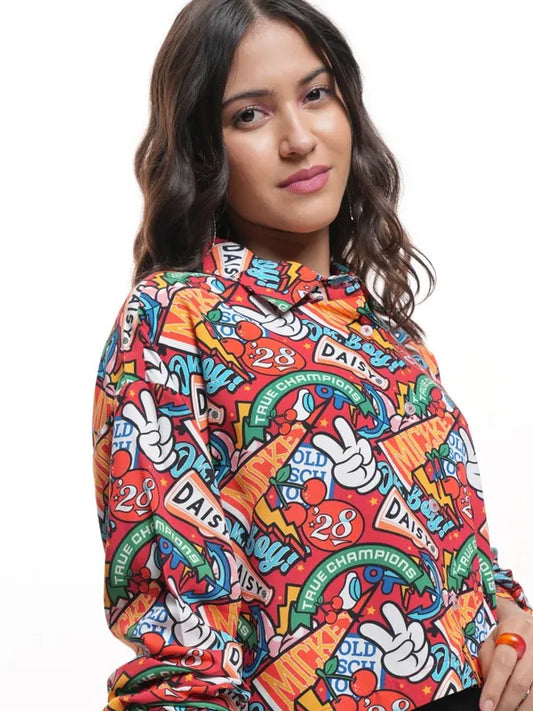 Suburbans   Women Maroon Mickey And Friends Printed Crop Casual Shirt