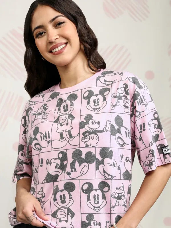 Suburbans   Women Pink Mickey Mouse Printed Boxy Fit T-Shirt
