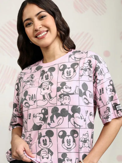 Suburbans   Women Pink Mickey Mouse Printed Boxy Fit T-Shirt
