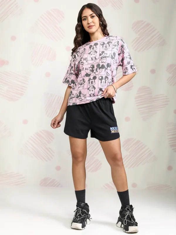 Suburbans   Women Pink Mickey Mouse Printed Boxy Fit T-Shirt