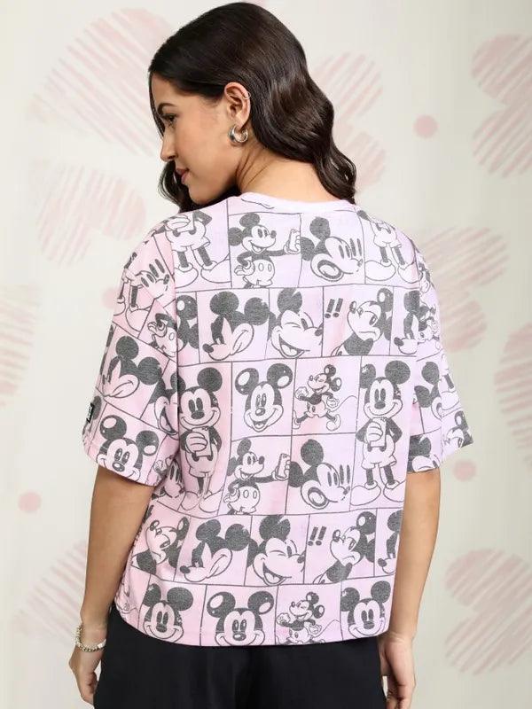 Suburbans   Women Pink Mickey Mouse Printed Boxy Fit T-Shirt