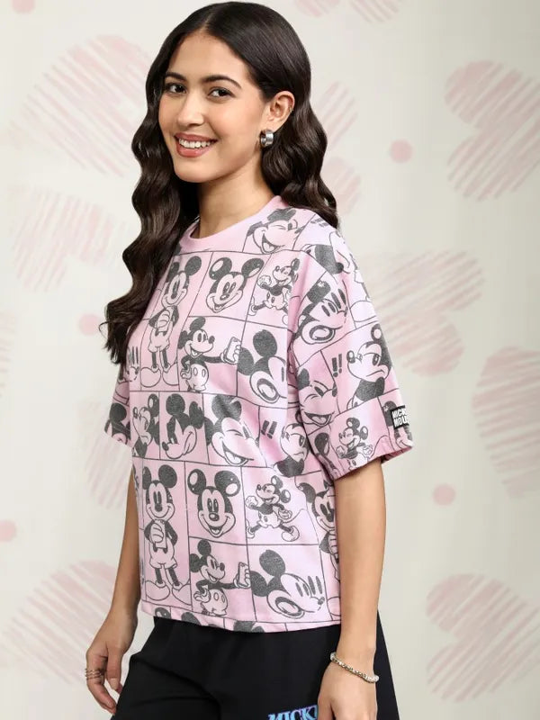 Suburbans   Women Pink Mickey Mouse Printed Boxy Fit T-Shirt