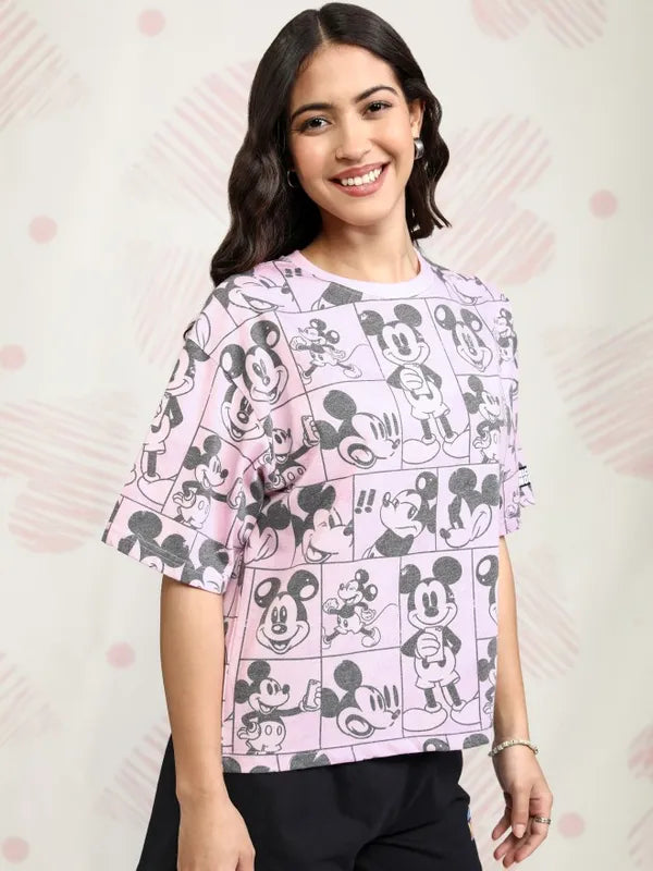 Suburbans   Women Pink Mickey Mouse Printed Boxy Fit T-Shirt