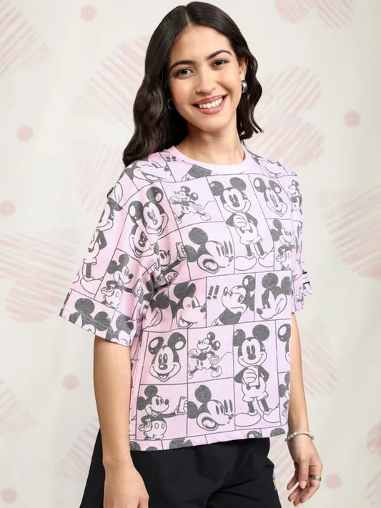 Suburbans   Women Pink Mickey Mouse Printed Boxy Fit T-Shirt