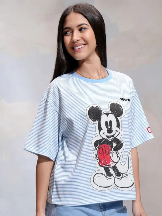 Suburbans  Women Blue Mickey Mouse Printed Relaxed Fit T-Shirt
