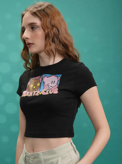 Suburbans  Women Black Printed Fitted Tops