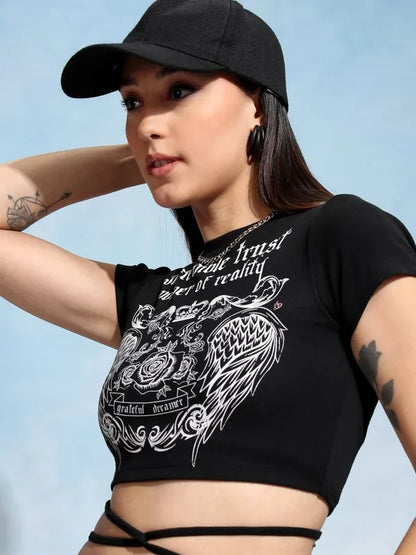 Suburbans Women Black Printed Fitted Top