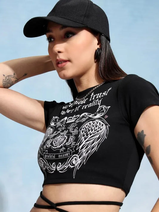 Suburbans Women Black Printed Fitted Top