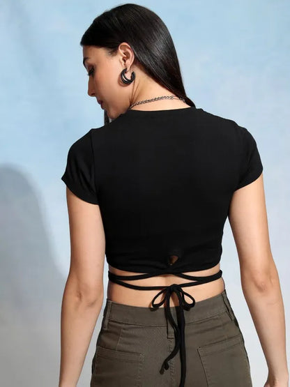 Suburbans Women Black Printed Fitted Top