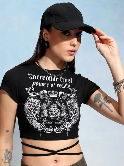Suburbans Women Black Printed Fitted Top