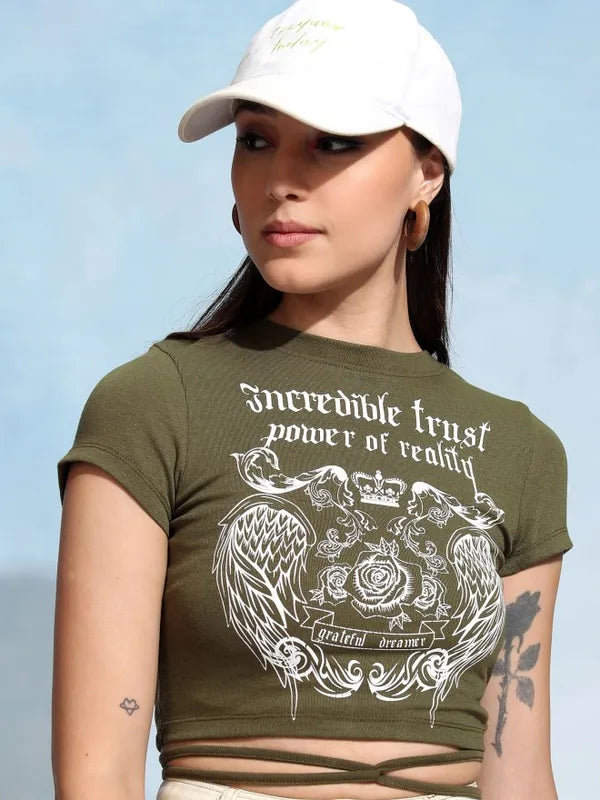Suburbans  Women Olive Printed Fitted Top