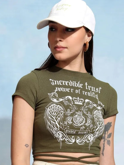 Suburbans  Women Olive Printed Fitted Top