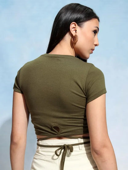 Suburbans  Women Olive Printed Fitted Top