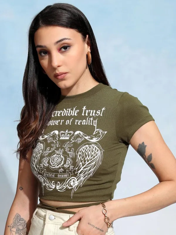 Suburbans  Women Olive Printed Fitted Top