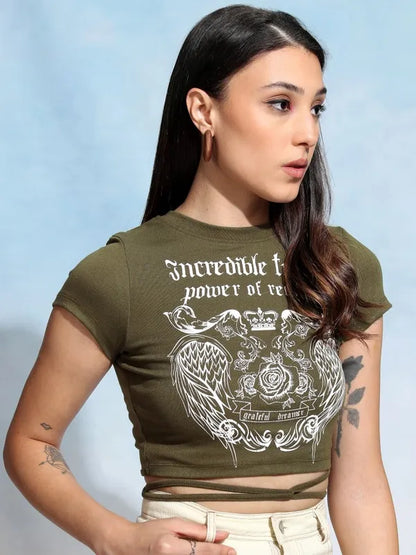 Suburbans  Women Olive Printed Fitted Top