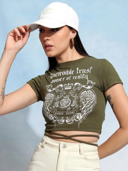 Suburbans  Women Olive Printed Fitted Top