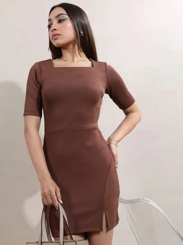 Suburbans   Women Brown Solid Bodycon Dresses