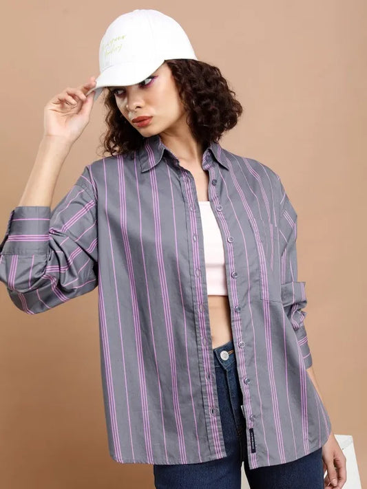 Suburbans  Women Grey Striped Casual Shirts