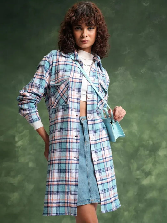 Suburbans  Women Blue Checked Casual Shirts