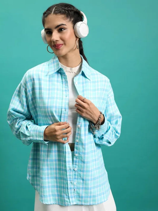Suburbans   Women Blue Checked Casual Shirts