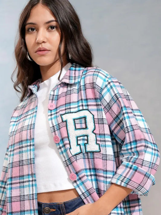 Suburbans  Women Pink Checked Oversized Casual Shirt