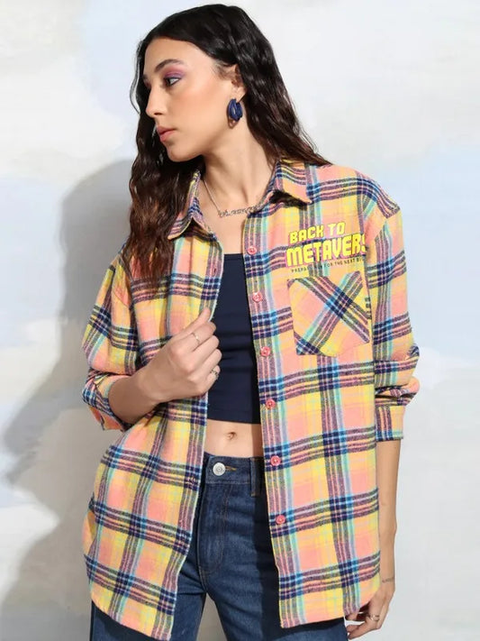 Suburbans   Women Peach Checked Oversized Fit Casual Shirt
