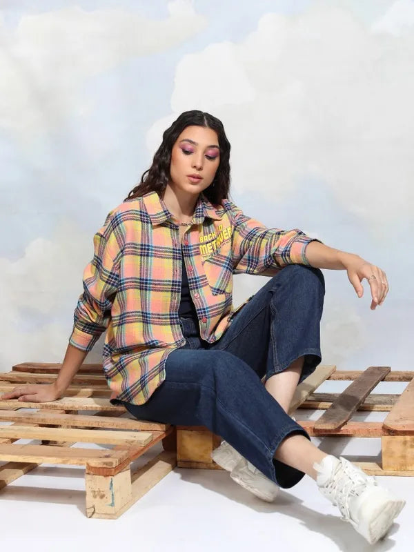 Suburbans   Women Peach Checked Oversized Fit Casual Shirt