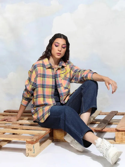 Suburbans   Women Peach Checked Oversized Fit Casual Shirt