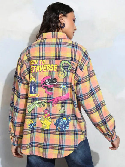 Suburbans   Women Peach Checked Oversized Fit Casual Shirt