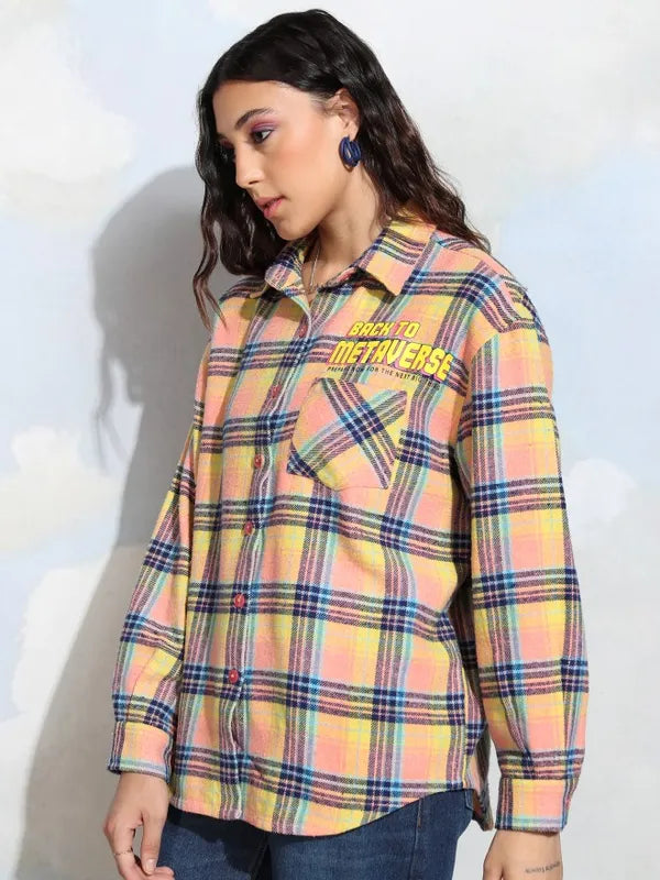 Suburbans   Women Peach Checked Oversized Fit Casual Shirt