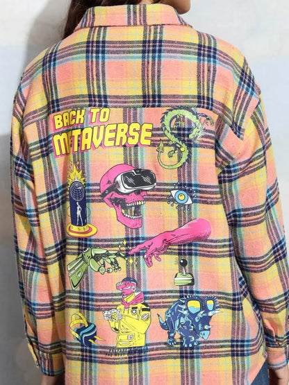 Suburbans   Women Peach Checked Oversized Fit Casual Shirt