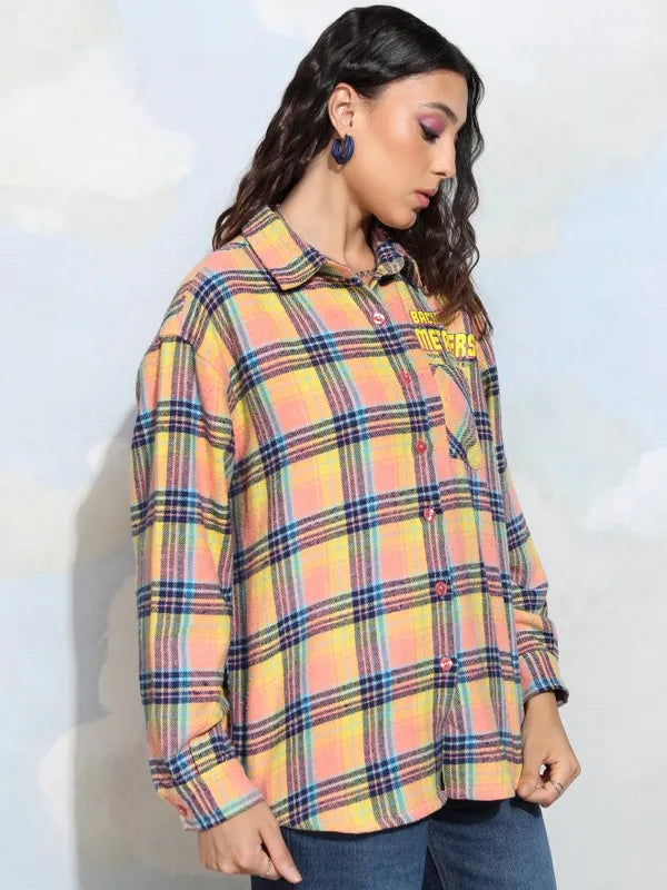 Suburbans   Women Peach Checked Oversized Fit Casual Shirt