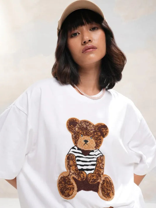 Suburbans  Women White Self Design Round Neck Oversized Fit T-Shirt