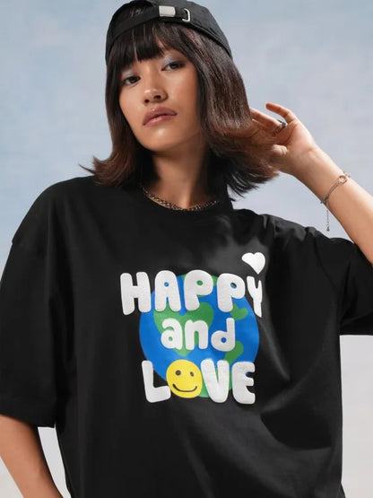 Suburbans  Women Black Printed Round Neck Oversized Fit T-Shirt