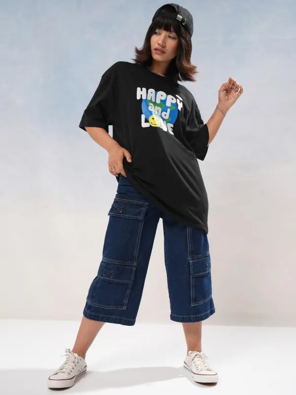 Suburbans  Women Black Printed Round Neck Oversized Fit T-Shirt