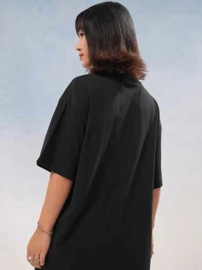 Suburbans  Women Black Printed Round Neck Oversized Fit T-Shirt