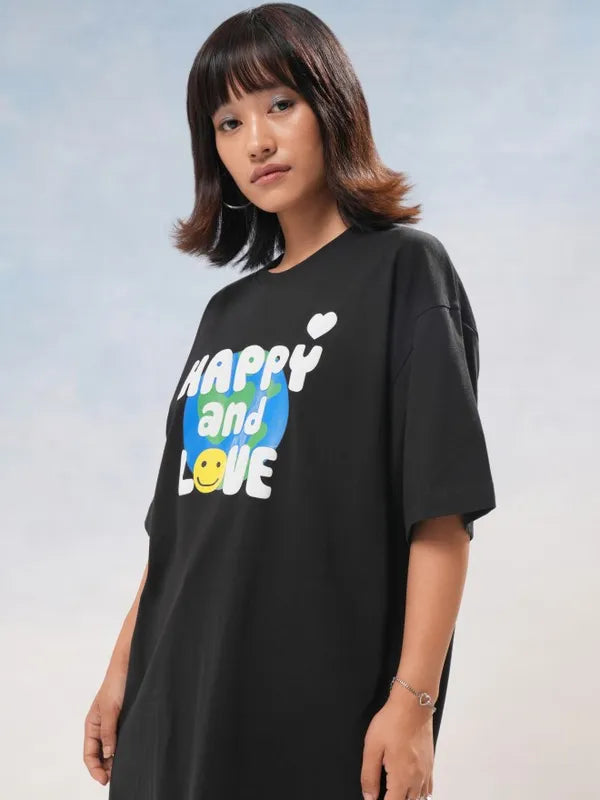 Suburbans  Women Black Printed Round Neck Oversized Fit T-Shirt