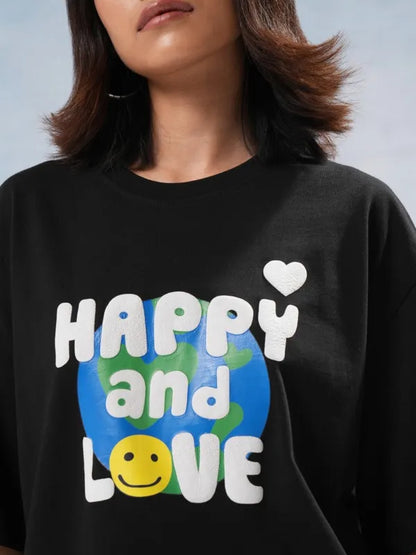 Suburbans  Women Black Printed Round Neck Oversized Fit T-Shirt