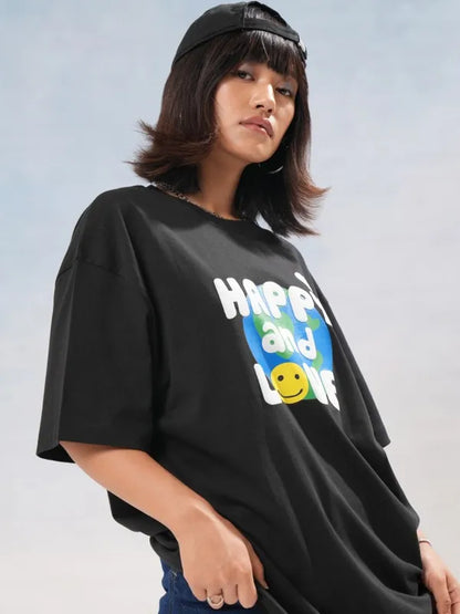 Suburbans  Women Black Printed Round Neck Oversized Fit T-Shirt