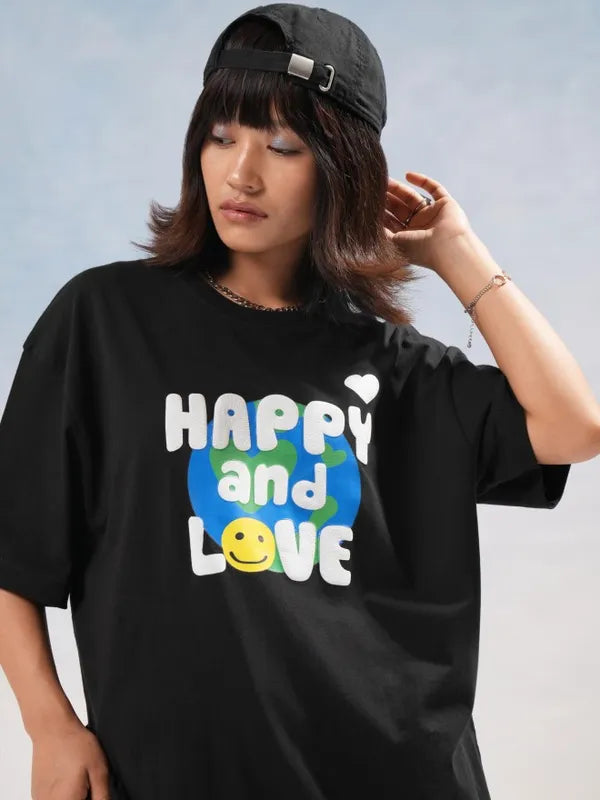 Suburbans  Women Black Printed Round Neck Oversized Fit T-Shirt