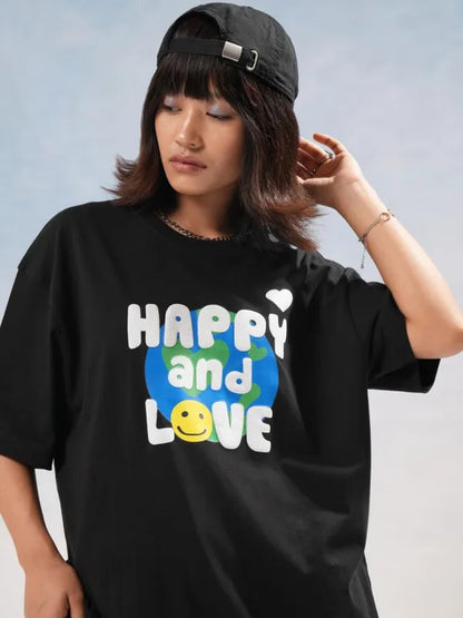 Suburbans  Women Black Printed Round Neck Oversized Fit T-Shirt