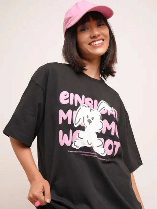 Suburbans   Women Black Printed Round Neck Oversized Fit T-Shirt